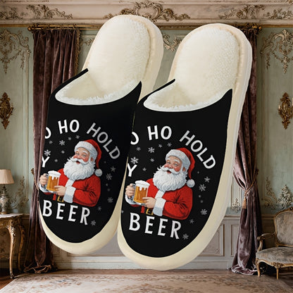 Funny Santa Claus Holding Beer Slippers - Soft Plush Slip-On Indoor House Shoes with Santa & Beer Design, Cozy Winter Footwear for Men & Women, Holiday Party Gift Idea (Hand Washable), Christmas Home Decor