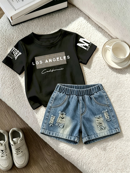 Summer Boys Los Angeles Print T-Shirt & Distressed Shorts Set