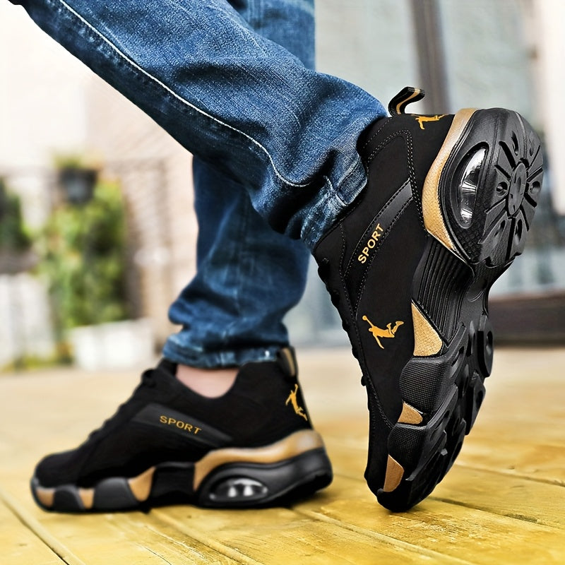 Unisex Low-Top Sneakers with Breathable Mesh & Air Cushion Technology - Comfortable Lace-Up Casual Shoes for Running, Walking, Training - Black & White Design, Synthetic Synthetic Faux Upper, Fabric Lining, All-Season Wear, R - ayq