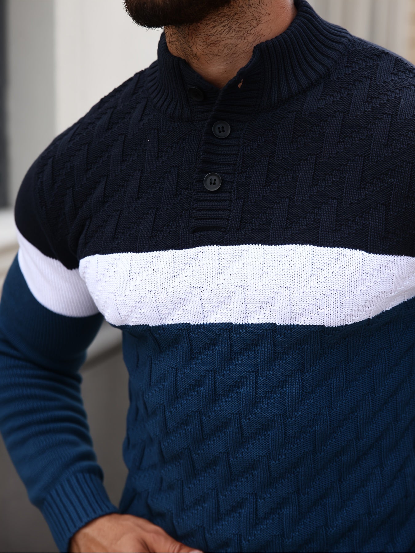 Men'S Stand Collar Pullover | Casual Fashion Quarter Button Stitching Knitwear with Geometric Pattern, Long Sleeve, Regular Fit for Fall/Winter - ayq