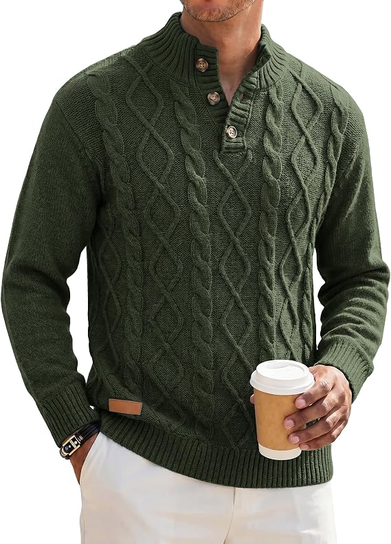 Men's Cable Knit Henley Sweater with Ribbed Stand Collar