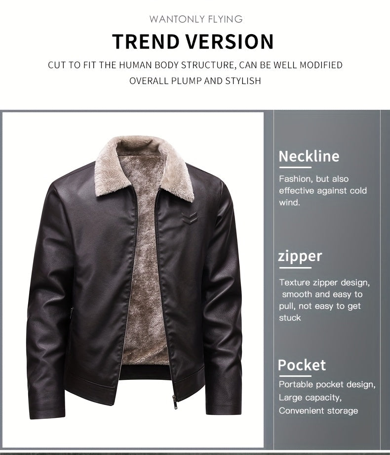 Siji Dou OBM Men's Coat, New Autumn/Winter Fleece-Lined Jacket with Faux Fur Collar, Trendy Casual Jacket for Men