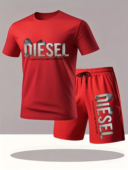Summer Men'S Casual Sports Short Sleeve T-Shirt and Shorts Set, Comfortable Breathable, Suitable for Outdoor Jogging Running Fitness, Diesel Letter Print Design - 2pcs Set