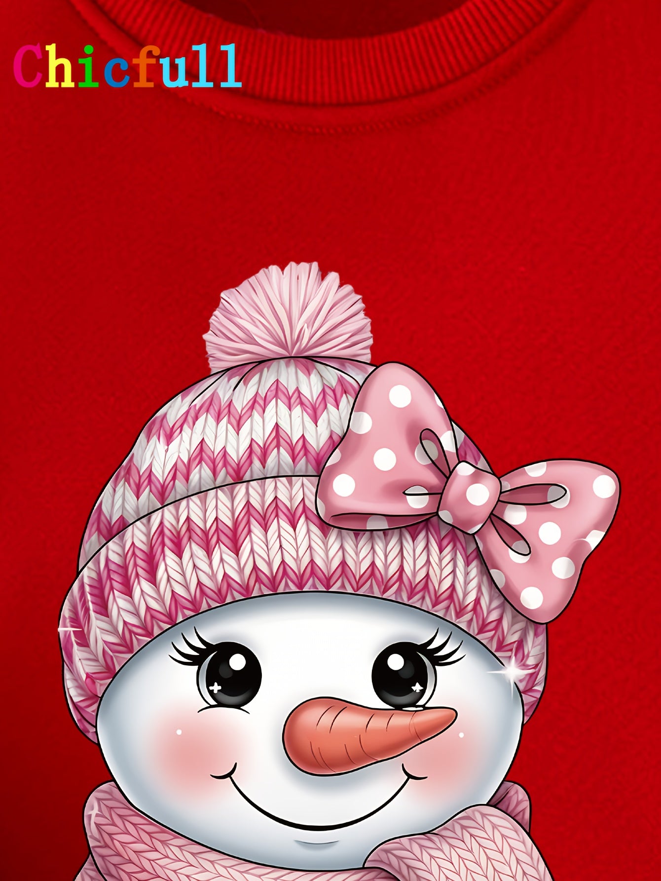 CHICFULL ' Red Fleece-Like Thick Winter Sweater with Snowman Print & Pom-Pom Trim - Cozy Round Neck Casual Sweater for Christmas, New Year's & Casual Attire, Machine Washable All-Season Warm Sweater ( to Sizes) - Cute Snowman
