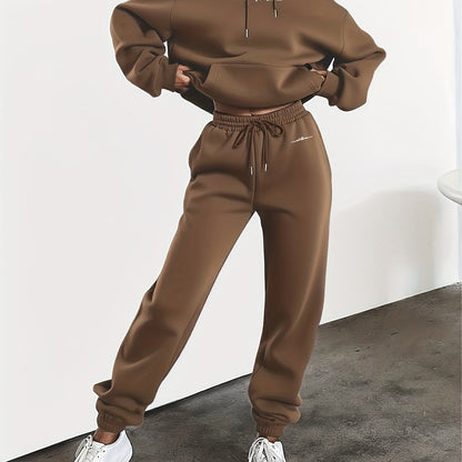 New Arrival Gray Print Women's Hooded Drawstring Sweatshirt and Pants Set, Autumn/Winter Warm Long-Sleeve Pullover with Hat, Machine-Washable Polyester, Versatile Outfit