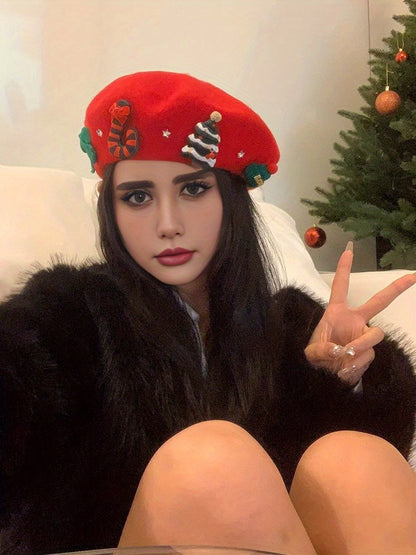 Women's Red Christmas Beret Hat with 3D Christmas Tree Decorations - Elastic Drawstring Closure, Lightweight Warm Winter Hat for Holiday Parties, Photo Shoots, Valentine's & New Year's Eve - Festive Movie-Inspired Fashion Acc