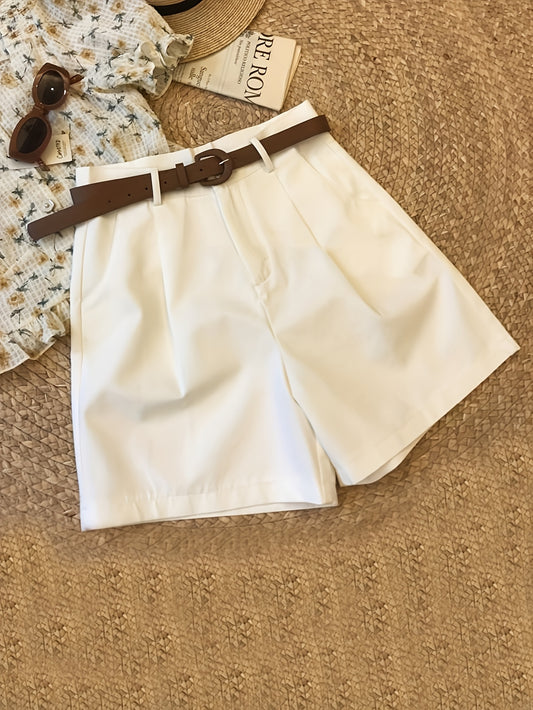Women's Elegant White Wide Short Shorts with Diagonal Pocket