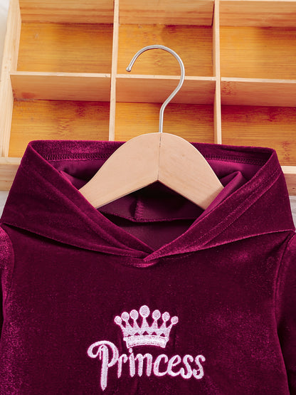 Girls' Long Pants Set, Burgundy Hooded Sweatshirt & Sweatpants, New Autumn Winter Warm Pullover Top, Fabric Two-Piece Set, Princess English Letter Embroidery with Pockets, Festive Holiday Outfit for Baby Girls, Perfect for Ou