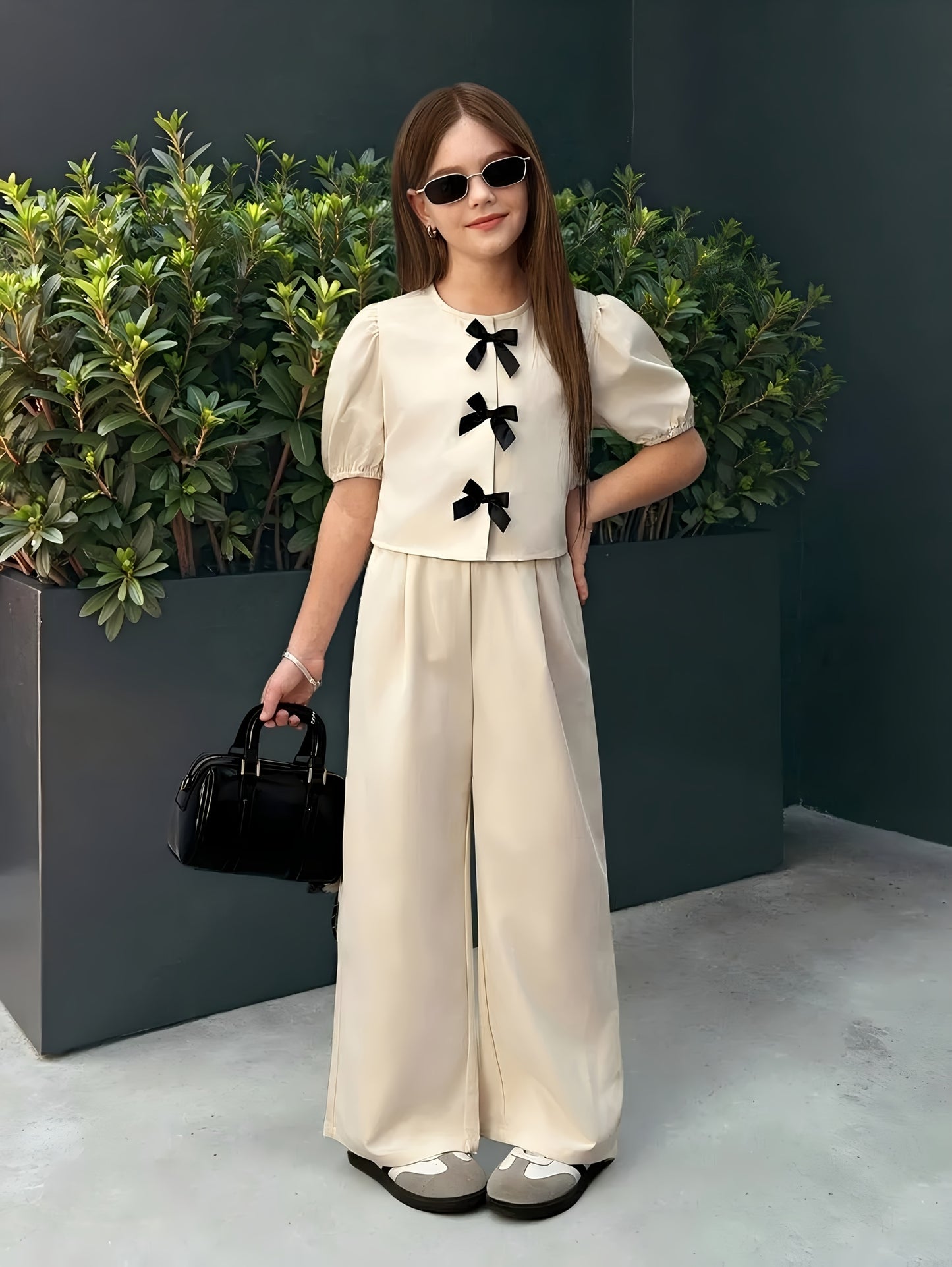 Girls' Polyester Bubble Sleeve Top & Straight-Leg Pants Set