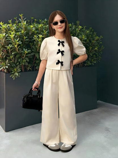 Girls' Polyester Bubble Sleeve Top & Straight-Leg Pants Set
