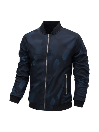 Men'S Camo Baseball Jacket - Full-Body Print Outdoor Sports Coat with Zipper Closure, Regular Fit Casual Preppy Style, Polyester Lining & Non-Stretch Fabric for Spring & Year-Round Wear, Durable Fabric Coat, Active Lifestyle,
