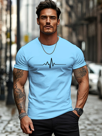 Men'S Brown T-Shirt with ECG Heartbeat Graphic - Casual Streetwear, Short Sleeve, Round Neck, Stretch Fabric, All-Season Comfort, Casual Streetwear Tee   Round Neck Tshirt   Comfortable Fit