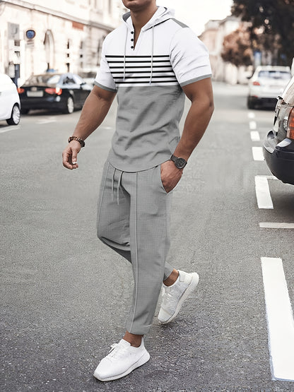 Men'S Summer Casual Sportswear Set, Striped Patchwork Short Sleeve, Polyester Material, Suitable for Leisure and Sports Outings, Fashionable and Trendy, with Drawstring Belt and Pockets, Ideal for Summer Activities, Hooded Sh