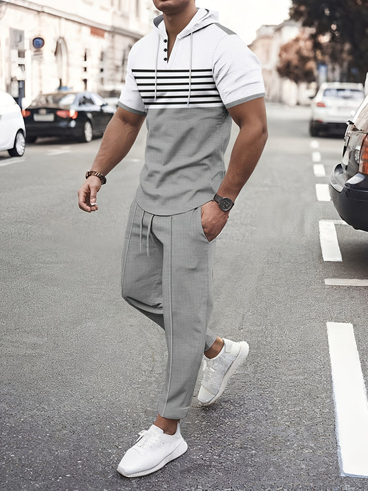 Men'S Summer Casual Sportswear Set, Striped Patchwork Short Sleeve, Polyester Material, Suitable for Leisure and Sports Outings, Fashionable and Trendy, with Drawstring Belt and Pockets, Ideal for Summer Activities, Hooded Sh