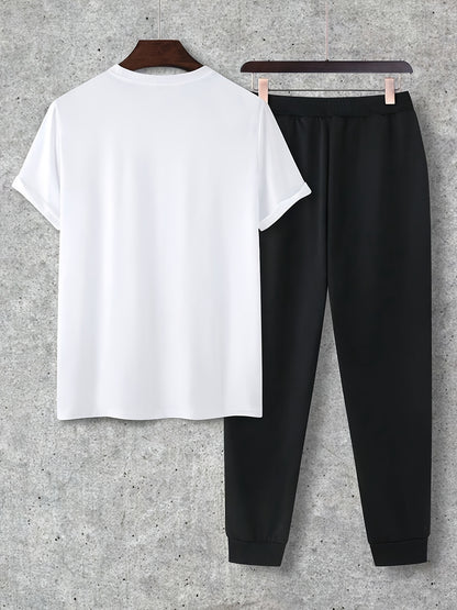 2pcs Set, Men'S Trendy And Fashionable Home Leisure Suit, Classic Round Neck T-Shirt, Drawstring Pants.