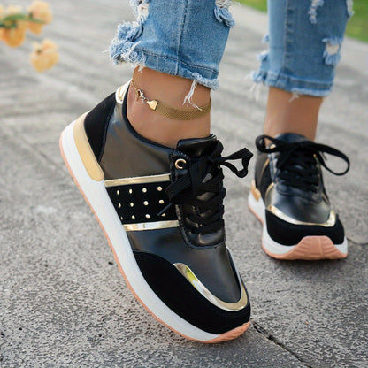 Women'S Chunky Platform Sneakers - Pastel Yellow  Pink Synthetic Cover Low-Top Lace-Up Shoes with Golden Accents, Breathable Fabric Lining, Durable PU Sole for All-Season Casual Wear, Ladies Sneakers, Comfortable Footwear