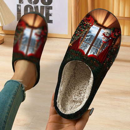 Cozy Plush Slippers for Men & Women - Festive Christmas & Halloween Design with Santa, Snowy Scene, and Red Ribbon Accents | Soft Fabric Upper & TPR Sole | Perfect Holiday Gift for Fall/Winter, Christmas Slippers