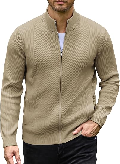 Men's Casual Zip-Up Knitted Cardigan Sweater with Stand Collar