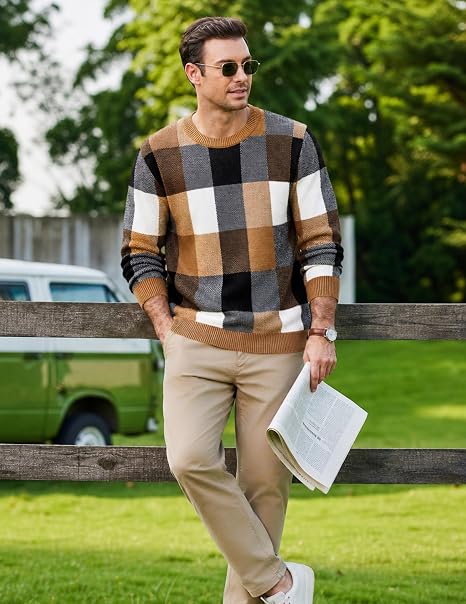 Men's Plaid Crew Neck Knit Sweater Long Sleeve Pullover