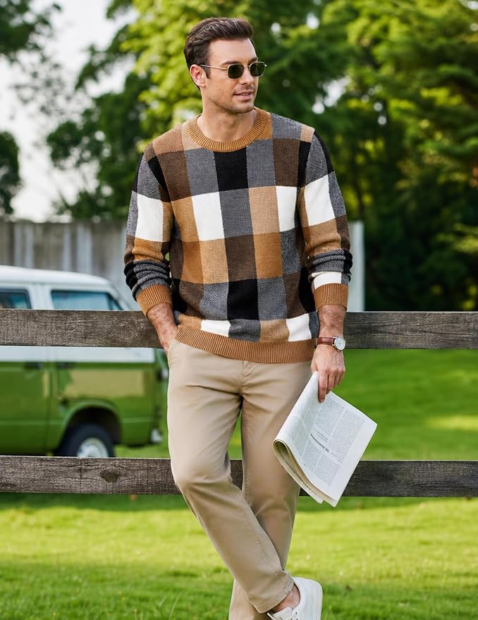 Men's Plaid Crew Neck Knit Sweater Long Sleeve Pullover
