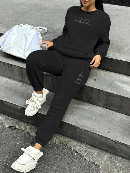 Women's Fleece Sweatsuit Set with Heart Print for Fall/Winter - ayq