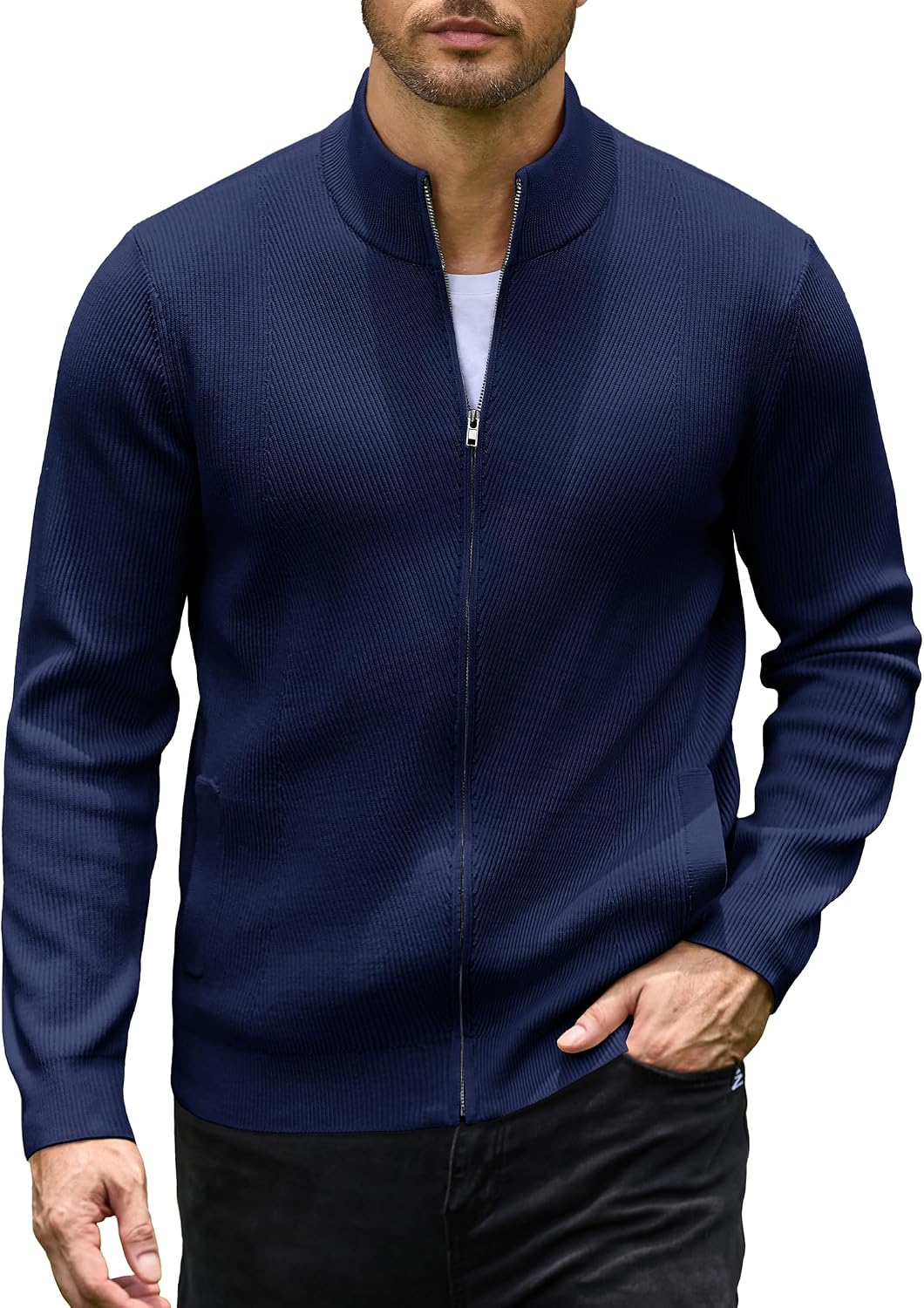 Men's Casual Zip-Up Knitted Cardigan Sweater with Stand Collar