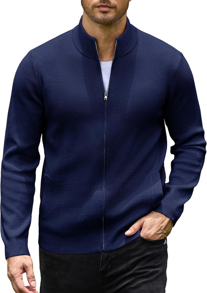 Men's Casual Zip-Up Knitted Cardigan Sweater with Stand Collar