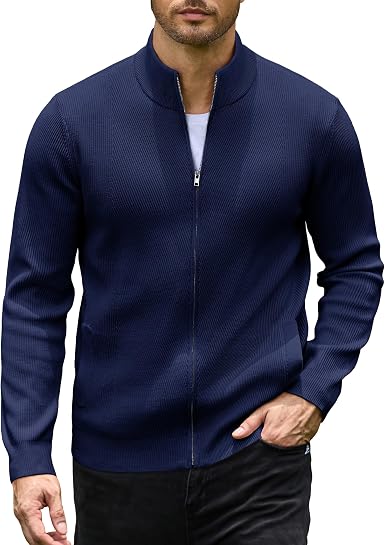 Men's Casual Zip-Up Knitted Cardigan Sweater with Stand Collar
