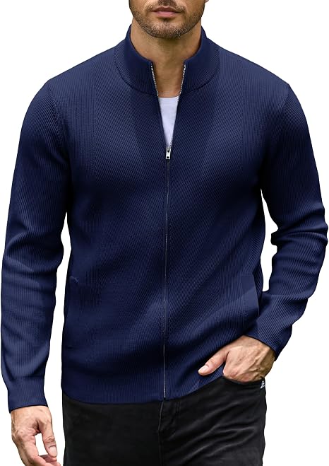 Men's Casual Zip-Up Knitted Cardigan Sweater with Stand Collar