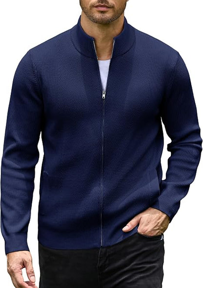 Men's Casual Zip-Up Knitted Cardigan Sweater with Stand Collar