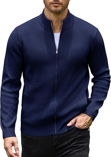 Men's Casual Zip-Up Knitted Cardigan Sweater with Stand Collar