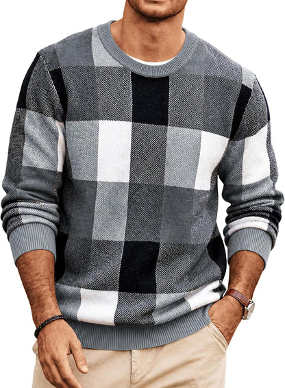 Men's Plaid Crew Neck Knit Sweater Long Sleeve Pullover