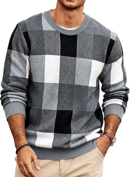 Men's Plaid Crew Neck Knit Sweater Long Sleeve Pullover