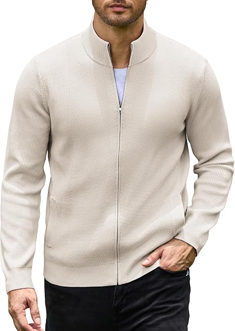 Men's Casual Zip-Up Knitted Cardigan Sweater with Stand Collar