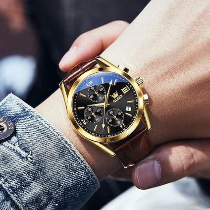 OLEVS Men's Casual Leather Chronograph Watch, Waterproof