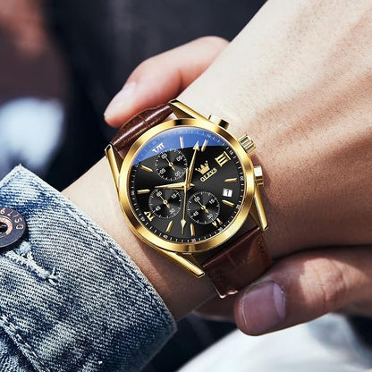 OLEVS Men's Casual Leather Chronograph Watch, Waterproof