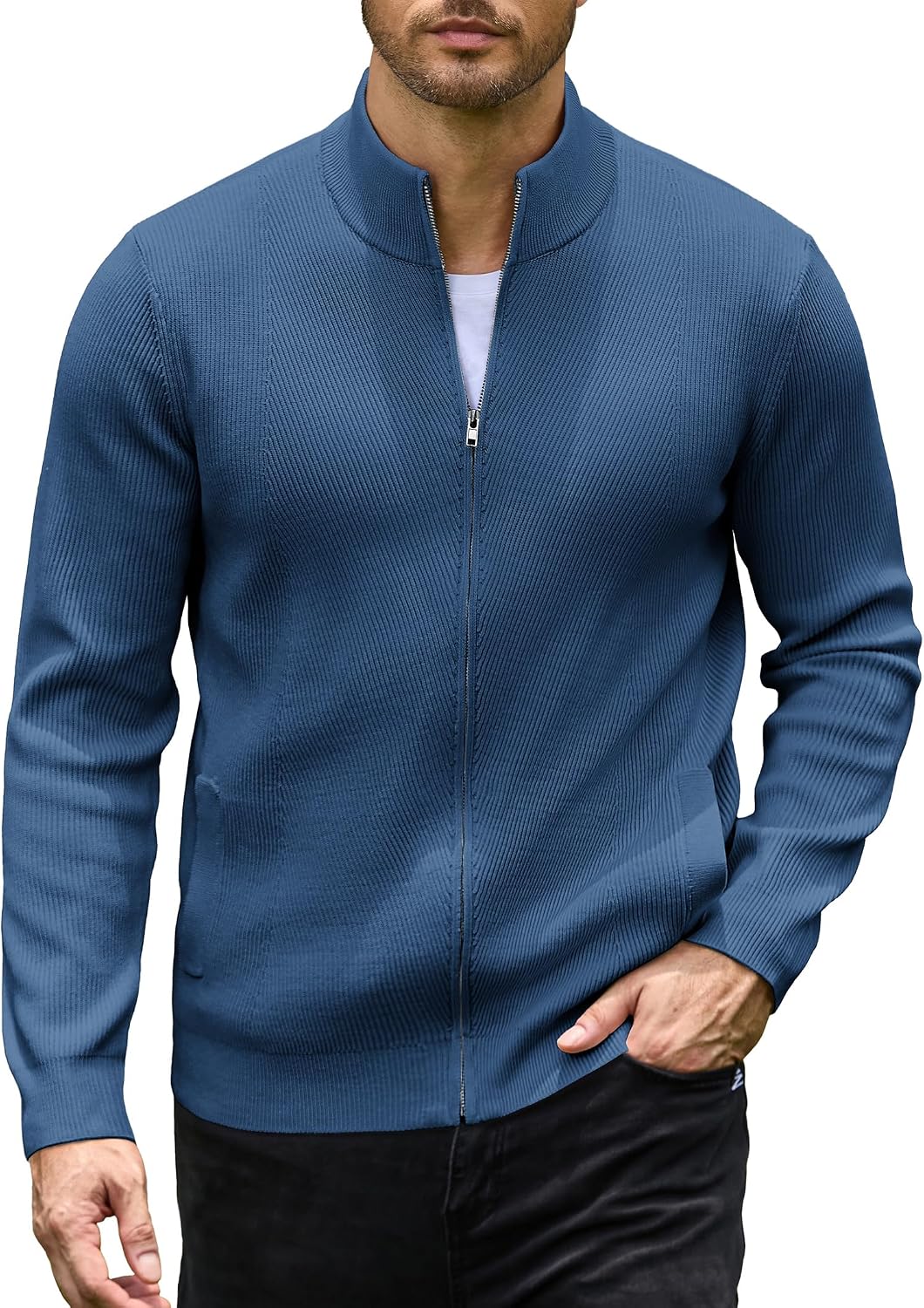 Men's Casual Zip-Up Knitted Cardigan Sweater with Stand Collar