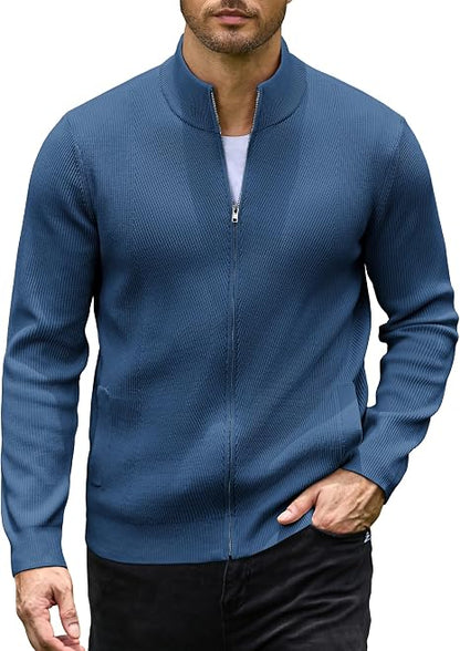 Men's Casual Zip-Up Knitted Cardigan Sweater with Stand Collar