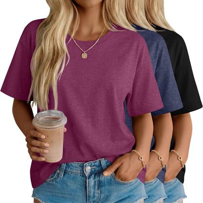 Women's Cotton Oversized Half Sleeve Crew Neck Tees - 3 Pack