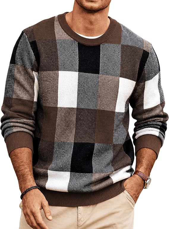 Men's Plaid Crew Neck Knit Sweater Long Sleeve Pullover