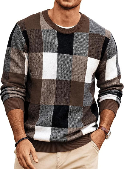 Men's Plaid Crew Neck Knit Sweater Long Sleeve Pullover