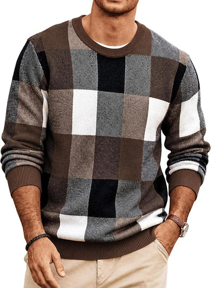 Men's Plaid Crew Neck Knit Sweater Long Sleeve Pullover