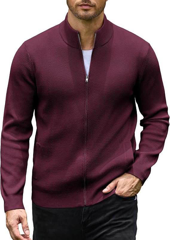 Men's Casual Zip-Up Knitted Cardigan Sweater with Stand Collar