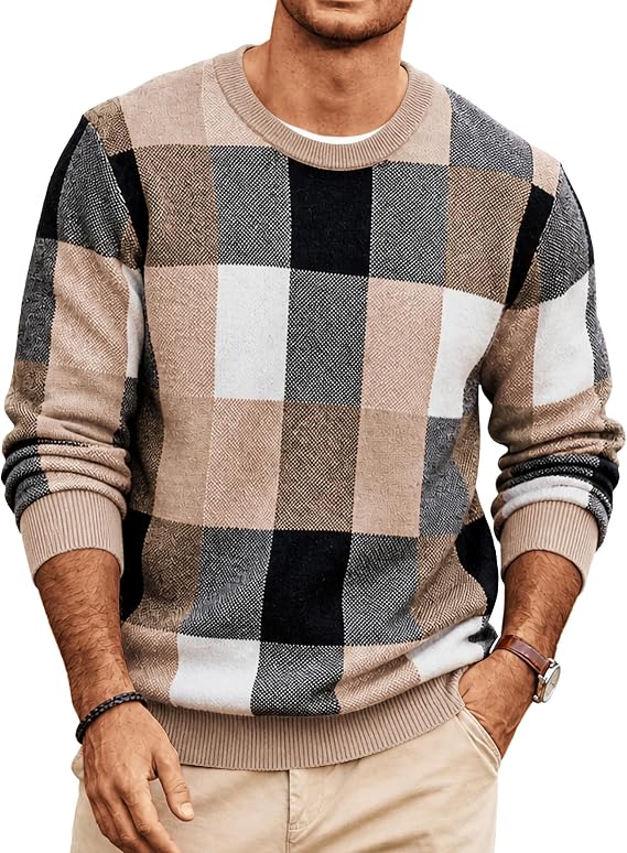 Men's Plaid Crew Neck Knit Sweater Long Sleeve Pullover