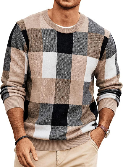 Men's Plaid Crew Neck Knit Sweater Long Sleeve Pullover