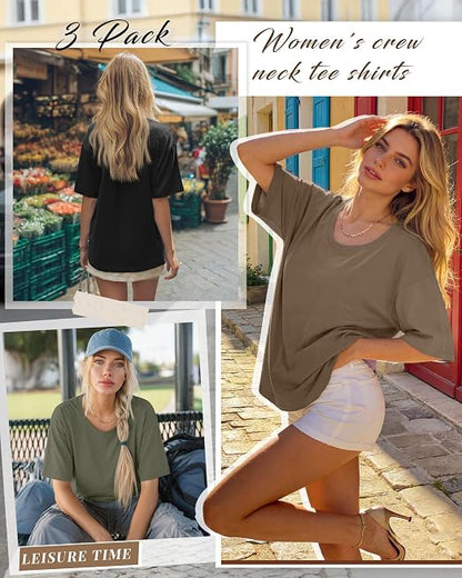 Women's Cotton Oversized Half Sleeve Crew Neck Tees - 3 Pack