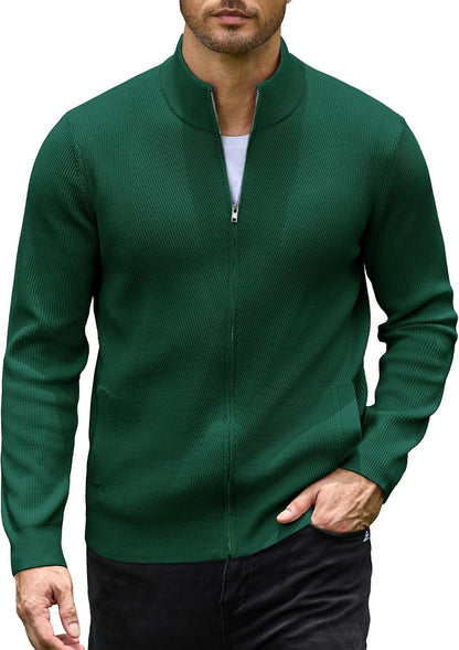 Men's Casual Zip-Up Knitted Cardigan Sweater with Stand Collar