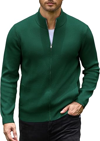 Men's Casual Zip-Up Knitted Cardigan Sweater with Stand Collar