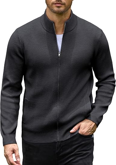 Men's Casual Zip-Up Knitted Cardigan Sweater with Stand Collar