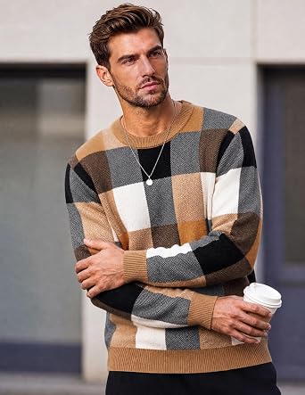 Men's Plaid Crew Neck Knit Sweater Long Sleeve Pullover